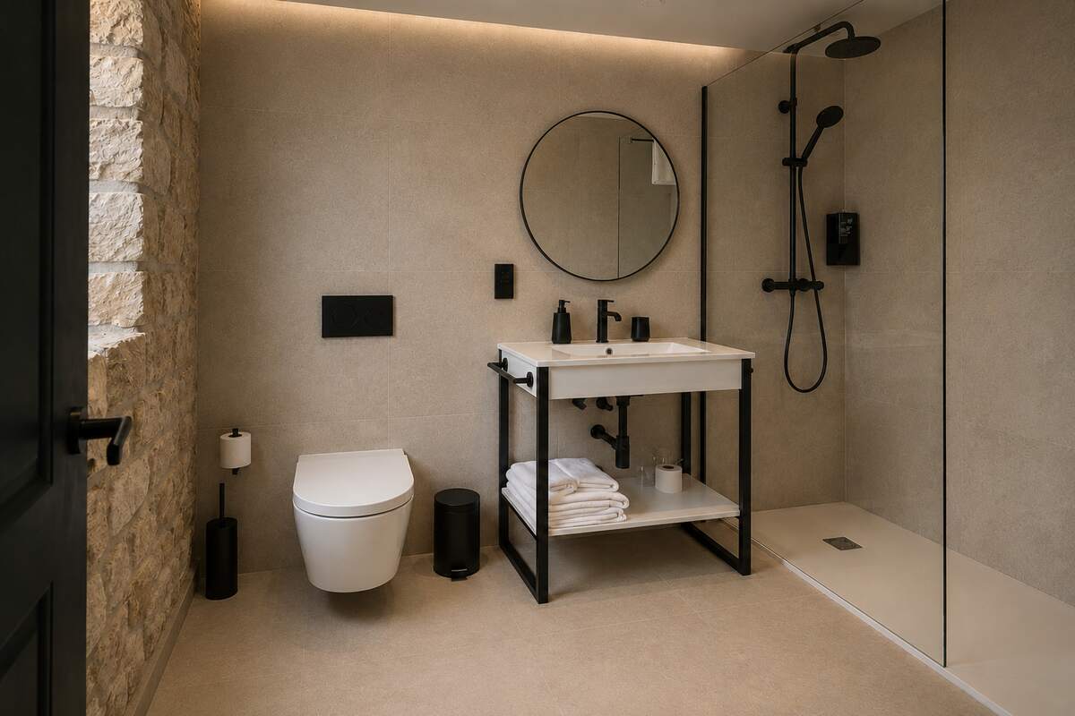 Baño con ducha de lluvia, Hotel Paraíso del Pas